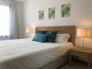 佩雷贝勒Villa neuve et cosy, piscine privée et proche de Grand Baie的卧室配有带蓝色枕头的大型白色床
