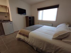 蓬塔阿雷纳斯耐力公寓式酒店的卧室配有一张大白色床和窗户
