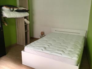 Mousseaux-sur-SeineMaison calme et fonctionnelle的绿色墙壁的房间里一张白色的床