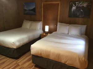 Muncho Lake杜布勒G服务酒店的酒店客房,设有两张床和一盏灯