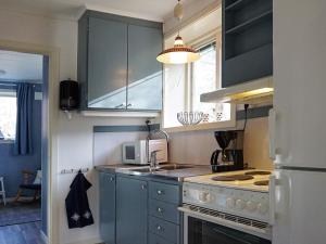 亨尼博斯特兰德Holiday home HUNNEBOSTRAND XII的厨房配有蓝色橱柜和炉灶烤箱。
