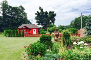 新瓦尔普诺holiday home, Nowe Warpno的花园中的一个红色房子