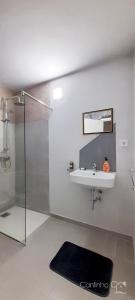 普拉亚Cantinho C - Alojamento Complementar的一间带水槽和淋浴间的浴室