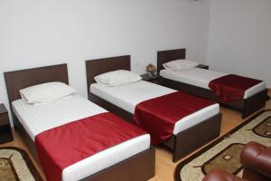 UrziceniHotel Royal 2的一间设有三张红色和白色床单的房间