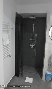 布加勒斯特Black & White - News Apartment的带淋浴的浴室和玻璃门