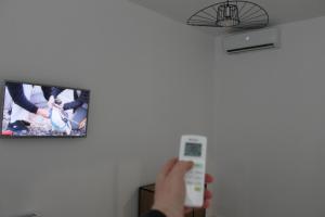 布加勒斯特Black & White - News Apartment的电视机前有遥控器的人