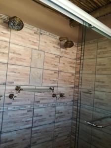 AugrabiesPlato Lodge的带淋浴的浴室(带木墙)
