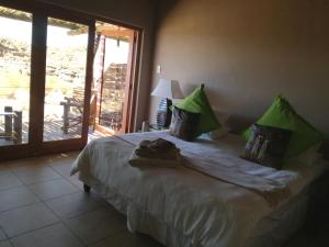 AugrabiesPlato Lodge的一间卧室配有一张带绿色枕头的床和一个阳台