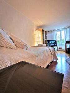 洛桑140 Lausanne Ouchy, BEST LOCATION 50 meters from the lake !的一间卧室配有一张大床和电视