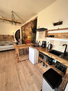 圣艾尼昂Balade en Forêt, 3min du Zoo的厨房配有桌子和台面
