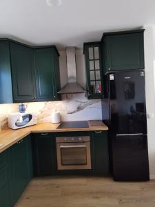 瓦古夫Milusi Domek的厨房配有绿色橱柜和黑色冰箱