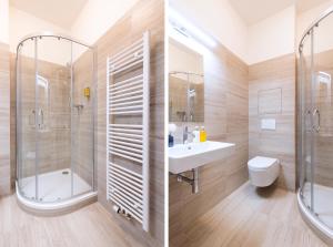 布拉格Hidden Art Boutique Residence的两张照片,浴室设有淋浴和水槽