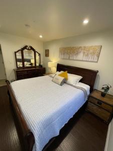 洛杉矶Luxury Suite near Universal Studios的一间卧室配有一张大床和镜子
