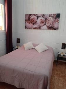 哈拉瓦科阿Apartamento Hogareño的卧室配有一张墙壁上粉红色玫瑰床。