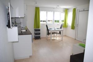 Seedorf格鲁特尔公寓的厨房以及带桌子和绿色窗帘的用餐室。
