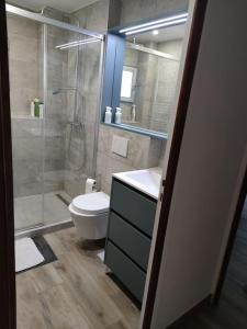锡富尔勒普拉日Bel appartement sur le port du Brusc avec sa place de parking privative.的带淋浴、卫生间和盥洗盆的浴室