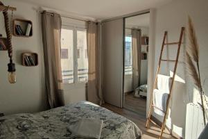 锡富尔勒普拉日Bel appartement sur le port du Brusc avec sa place de parking privative.的一间卧室设有一张床、梯子和镜子