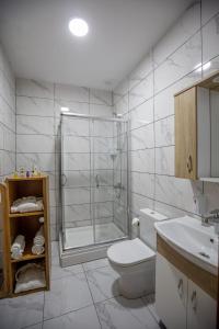 伊斯坦布尔TAXIM 34 Hotel İstanbul的带淋浴、卫生间和盥洗盆的浴室