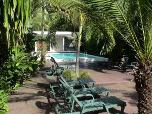 Salisbury落日海湾俱乐部加海滨潜水度假酒店的一组绿色躺椅,位于游泳池旁