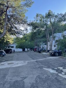 佩斯基奇Residence Montepucci的停车场有停放的汽车和树木