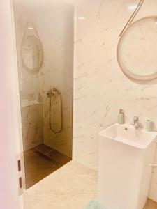 马里博尔Apartma FRIGO的带淋浴和盥洗盆的白色浴室