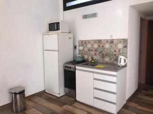 圣安东尼奥德阿雷科PAZ EN LA CIUDAD, en el centro, con WIFI y cochera privada的厨房配有白色冰箱和炉灶。