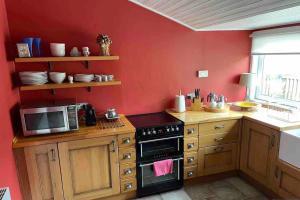 阿罗柴尔Viking Cottage的红色的厨房配有炉灶和微波炉