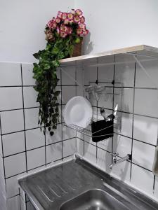 库亚巴Suíte 08 - Aconchegante e Exclusiva的架子上带板子和鲜花的厨房水槽