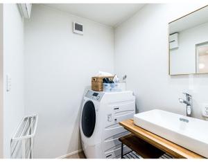 松江市Rakuten STAY HOUSE x WILL STYLE Matsue 103的一间带洗衣机和水槽的浴室