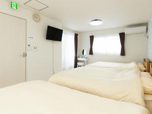日光Kinugawa Station Front room B的一间卧室设有两张床,墙上配有电视。