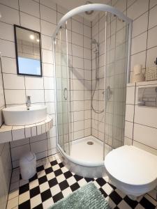 耶莱尼亚古拉Kwatera Karkonoska的带淋浴、卫生间和盥洗盆的浴室