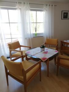 于伯林根Ferienwohnung am Bodensee mit 3 Schlafzimmer über 2 Etage mit kleine Balkon bis 7 Personen的客厅配有桌椅和窗户。
