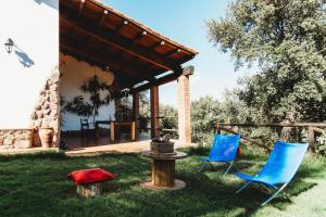 莫内斯特里奥Casa Rural El Zumacal的两把蓝色椅子和一个火栓在草地上
