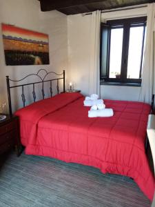 San Demetrio CoroneLa Giara B&B的一间卧室配有红色的床和2条毛巾