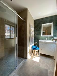 奎德林堡塞勒公寓的带淋浴、盥洗盆和镜子的浴室
