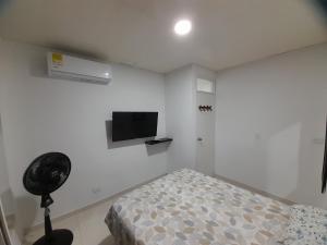 卡塔赫纳Apartaestudio Cartagena的一间卧室配有一张床和一台平面电视