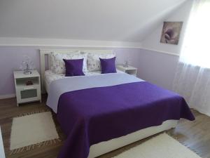 佐洛卡罗斯Hanna-Bella Apartman Zalakaros的一间卧室配有一张带2晚台的紫色床