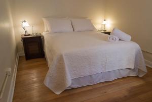 圣地亚哥Hotel Boutique Casa Conde的一间卧室配有白色床和2个床头柜