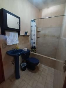 危地马拉Hotel del Bosque的浴室配有卫生间、盥洗盆和淋浴。