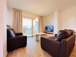 拉加里加索诺大师公寓的客厅配有两张真皮沙发和一台电视机