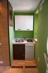 切法卢MiraMare Residence Cefalú的厨房设有绿色的墙壁、水槽和洗碗机。