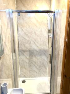 SilsdenTar Top的浴室里设有玻璃门淋浴