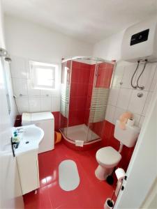 格拉达茨Apartman Nina的红色和白色的浴室设有淋浴和卫生间。