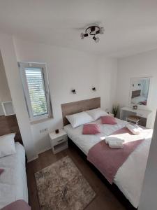杜布罗夫尼克Apartmani NIKA的一间卧室设有两张床和窗户。