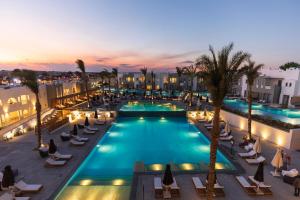 赫尔格达Sunrise Tucana Resort Grand Select-的享有带椅子和棕榈树的游泳池的顶部景致