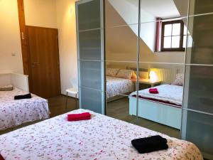 特热邦Apartman Masne kramy的一间卧室配有两张床和镜子