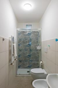 圣塔马利奈拉Suite LA CONCHIGLIA località Caccia e Riserva的带淋浴、卫生间和盥洗盆的浴室