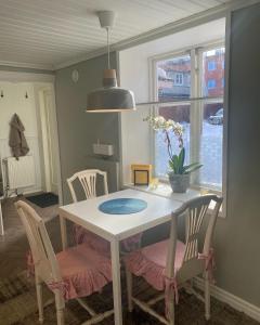 耶夫勒Gårdshuset mitt i centrala Gävle的餐桌、椅子和窗户