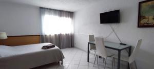 卡亚俄萨尔瓦赫Studio Barandas的酒店客房配有一张床、一张书桌和一台电视。