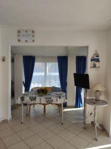 阿雷佐Suite CielAzzurro的客厅配有桌子和蓝色窗帘
